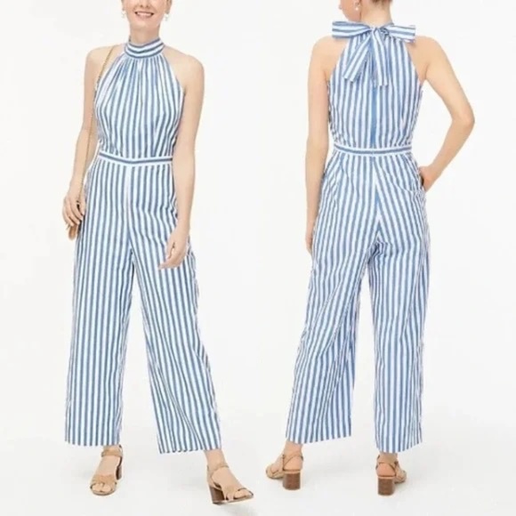 J Crew Tie-back halter jumpsuit blue white strip with pockets NWT  Size 00 - Picture 1 of 6